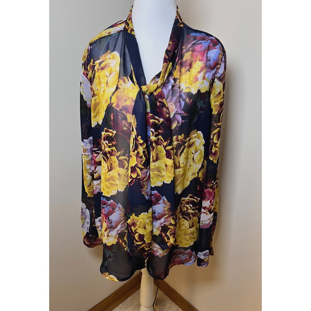 Liz Claiborne Sheer Floral Blouse Navy Womens sz XL Colorful Artsy Career Spring